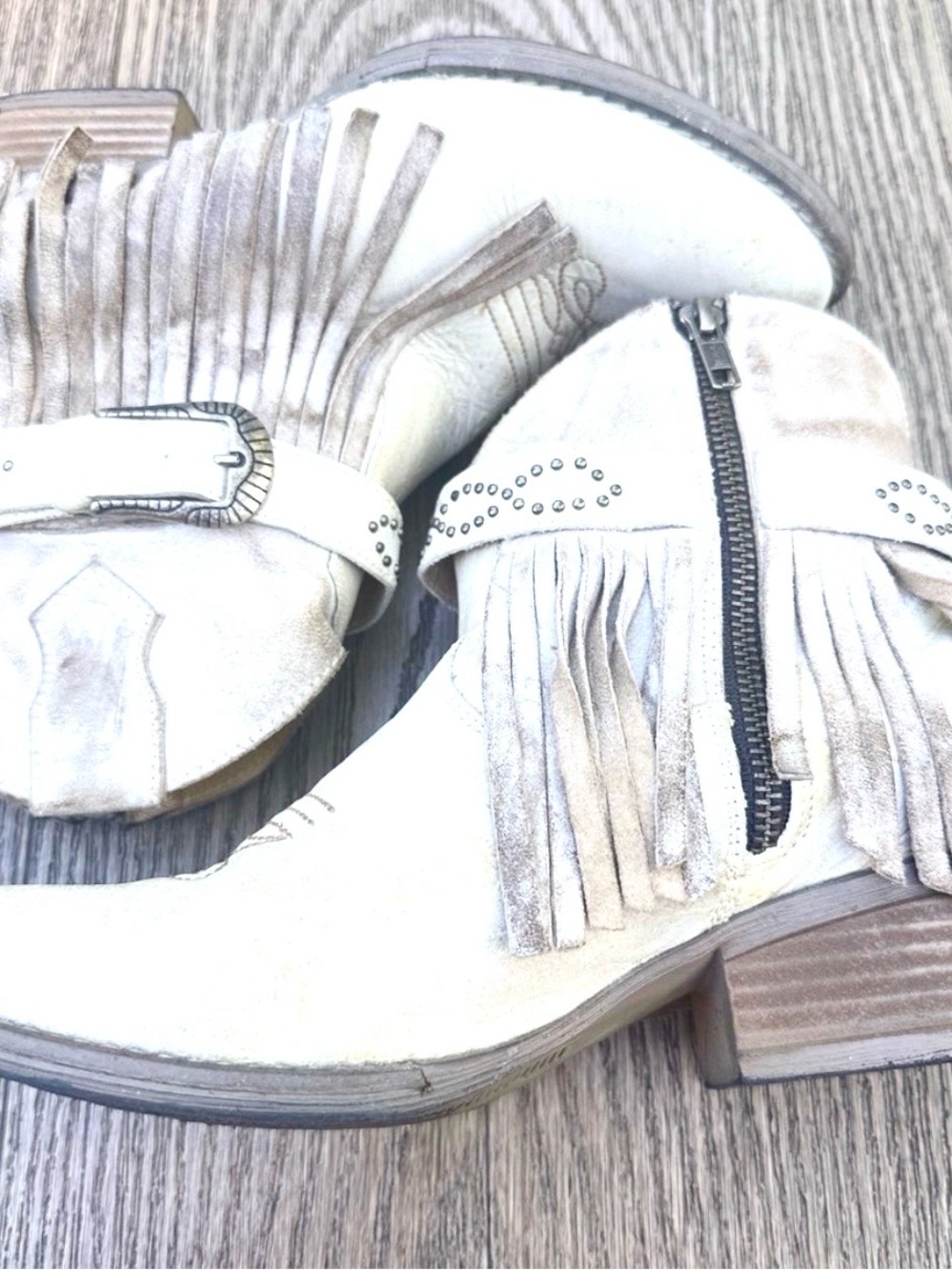 Cowboy Western Moto Fringe studded Boots White Beige